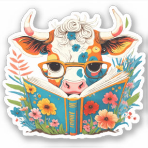 Whimsical "Floral Cow Reading Book" Vinyl Sticker