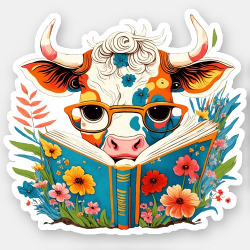Whimsical Floral Cow Reading Book Vinyl Sticker