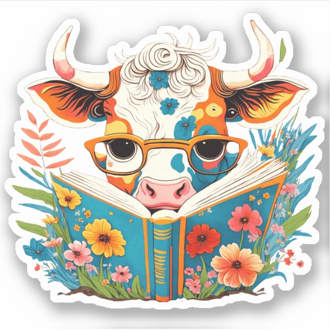 Whimsical "Floral Cow Reading Book" Vinyl Sticker (Front)