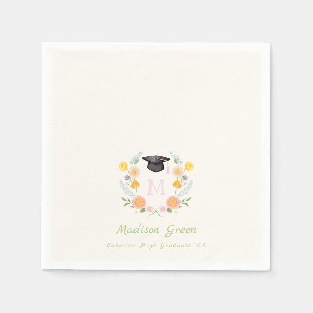 Whimsical Floral Crest Graduation Napkins (Front)