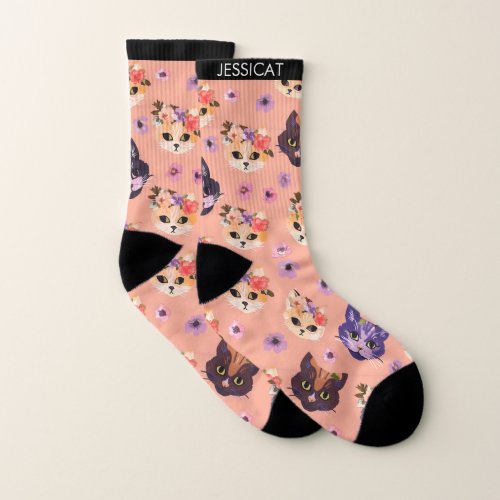 Whimsical Floral Crown Cats on Peach Background Socks
