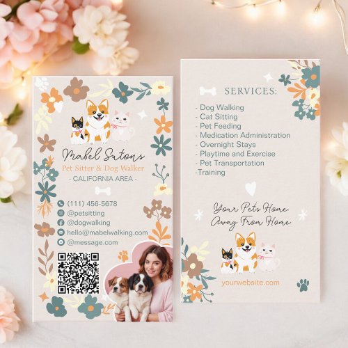 Whimsical floral cute boho pet sitter dog walker business card