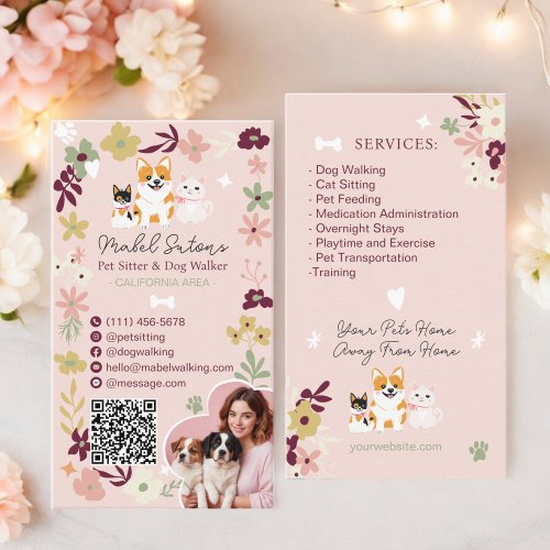 Whimsical floral cute classy pet sitter dog walker business card