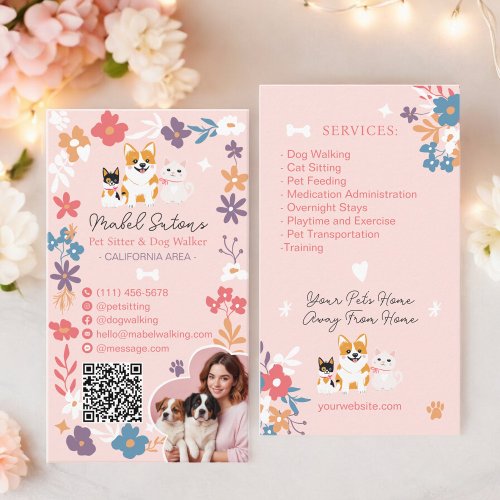 Whimsical floral cute pastel pet sitter dog walker business card