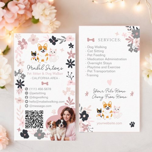 Whimsical floral cute pink pet sitter dog walker business card