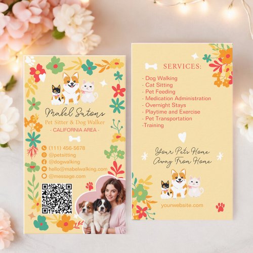 Whimsical floral cute pop pet sitter dog walker business card