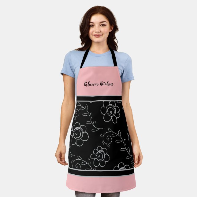 Whimsical Floral Design Custom Name Pink Apron (Worn)