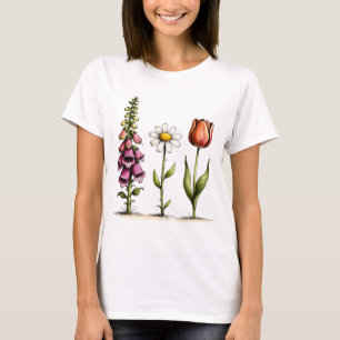 Whimsical Floral Design Foxglove Daisy Tulip  T-Shirt