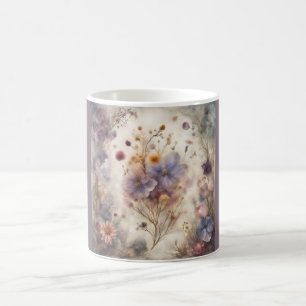 Whimsical floral design purple lilac blue white color morph mug