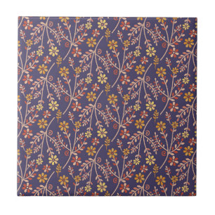 Whimsical Floral Design with Vines on Purple Back Ceramic Tile