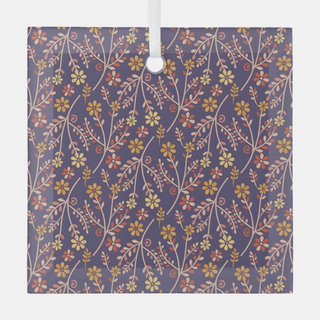 Whimsical Floral Design with Vines on Purple Back Glass Ornament (Front)