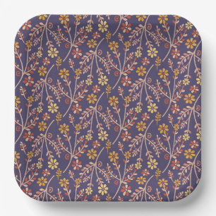 Whimsical Floral Design with Vines on Purple Back Paper Plates