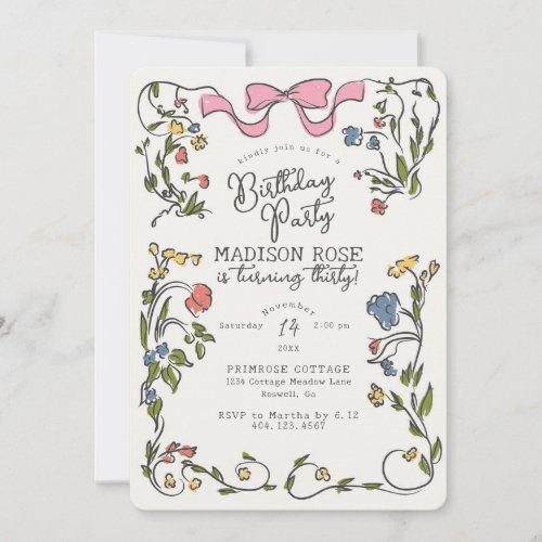 Whimsical Floral Doodle Birthday Party Invite