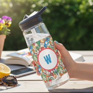 Whimsical Floral Doodle Pattern Monogrammed Water Bottle