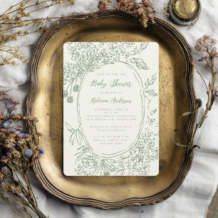 Whimsical Floral Doodle Sage Green Baby Shower Invitation