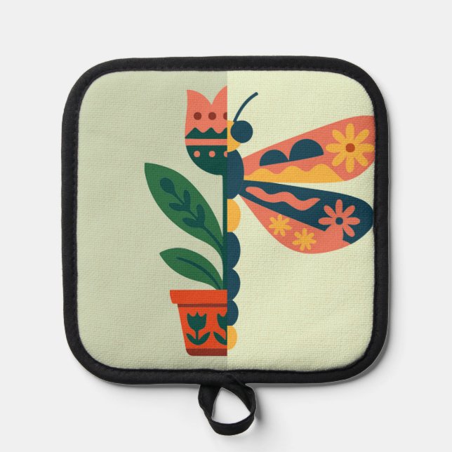 Whimsical floral dragonfly Design Pot Holder (Front)