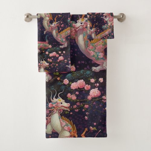 Whimsical Floral Dragons Bath Towel Set