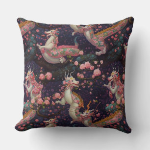 Whimsical Floral Dragons Throw Pillow