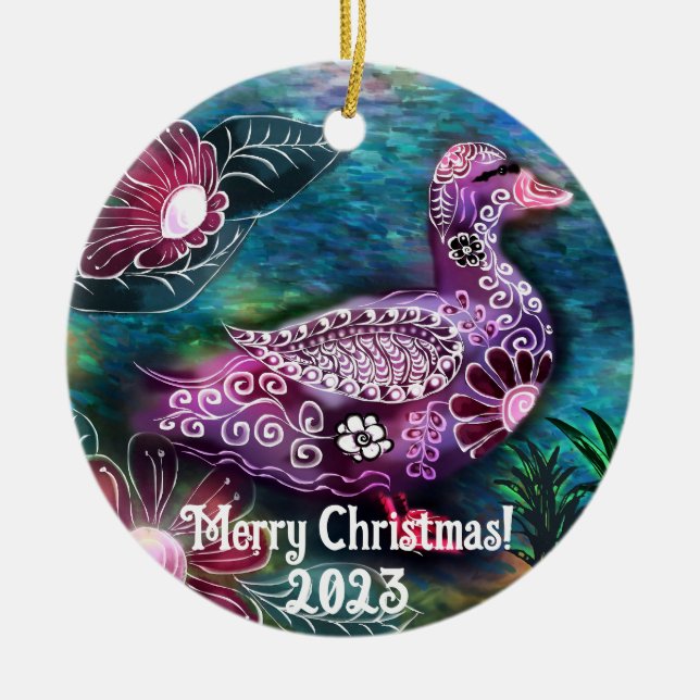 Whimsical Floral Duck Painting Purple Personalized Ceramic Ornament (Front)