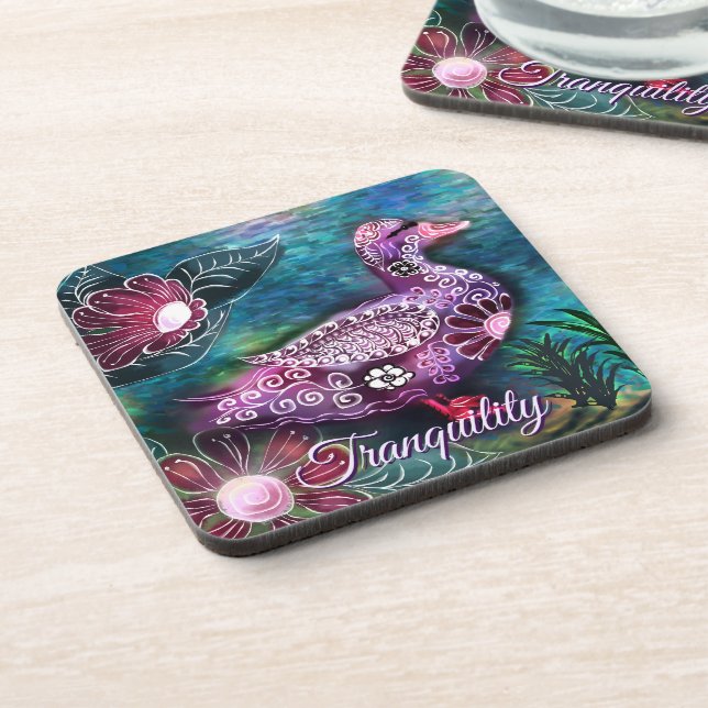 Whimsical Floral Duck Purple Teal Personalized Beverage Coaster (Left Side)