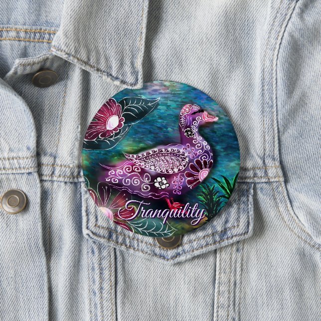 Whimsical Floral Duck Purple Teal Personalized Button (In Situ)