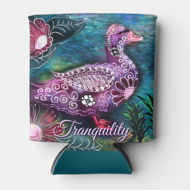 Whimsical Floral Duck Purple Teal Personalized Can Cooler (Front)
