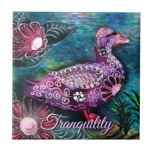 Whimsical Floral Duck Purple Teal Personalized Ceramic Tile