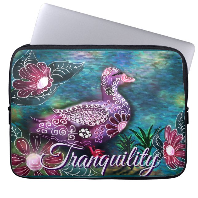 Whimsical Floral Duck Purple Teal Personalized Laptop Sleeve (Front)