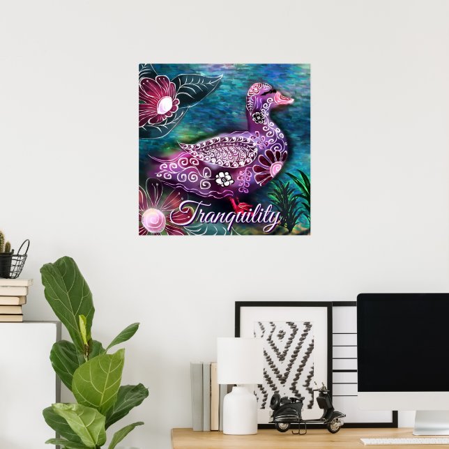 Whimsical Floral Duck Purple Teal Personalized Poster (Home Office)