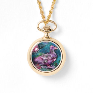 Whimsical Floral Duck Purple Teal Personalized Watch