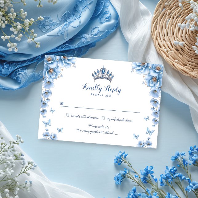 Whimsical Floral Dusty Blue Princess Quinceañera  RSVP Card (Creator Uploaded)