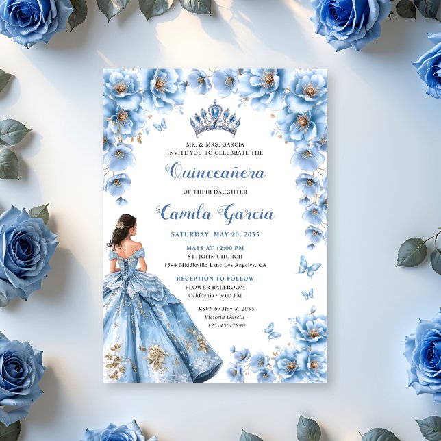 Whimsical Floral Dusty Blue Tiara Quinceañera Invitation (Creator Uploaded)