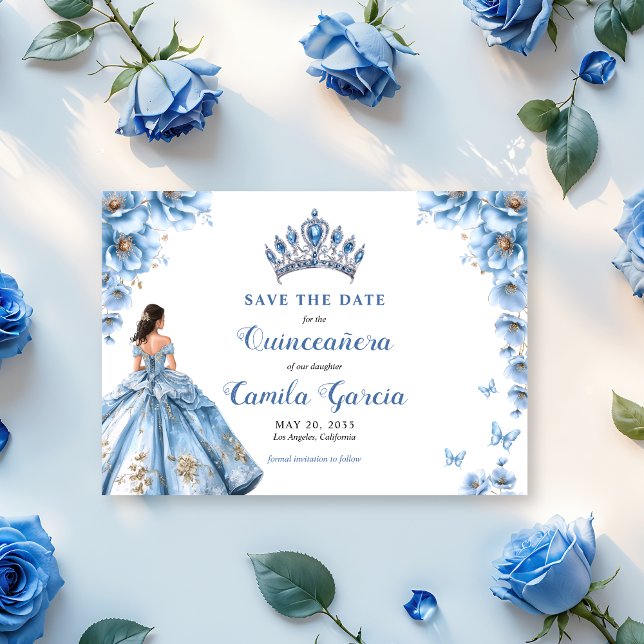 Whimsical Floral Dusty Blue Tiara Quinceañera Save The Date (Creator Uploaded)
