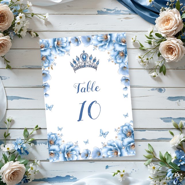 Whimsical Floral Dusty Blue Tiara Quinceañera Table Number (Creator Uploaded)