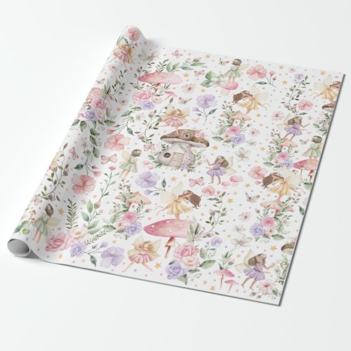 Whimsical Floral Fairy Garden Tea Party Birthday Wrapping Paper
