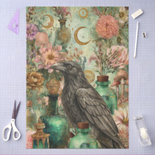 Whimsical Floral Fantasy Gothic Raven Art Collage Tissue Paper