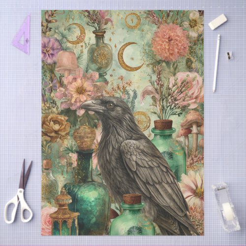 Whimsical Floral Fantasy Gothic Raven Art Collage Tissue Paper