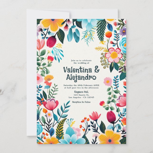 Whimsical Floral Fiesta Wedding Photo and QR Code Invitation (Front)