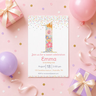 Whimsical Floral First Birthday Invitation