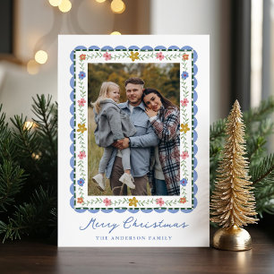 Whimsical Floral Folk Art Scalloped Frame Photo Holiday Card
