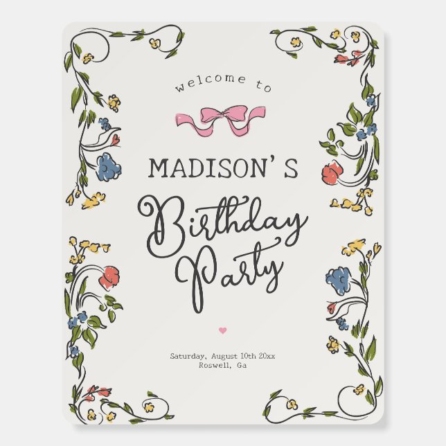 Whimsical Floral French Birthday Welcome Sign (Front)