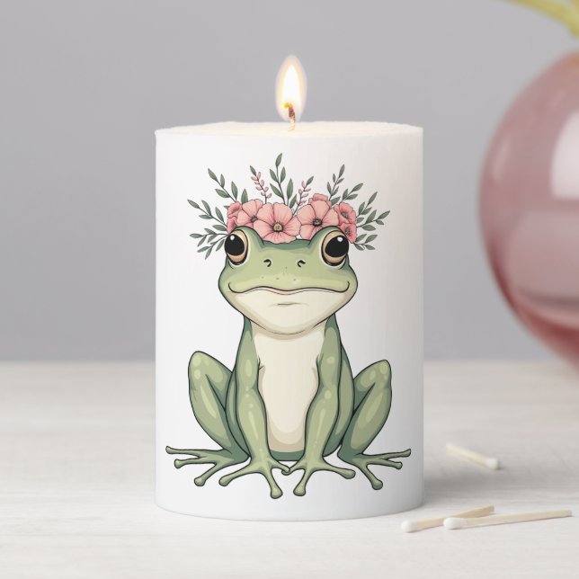 Whimsical Floral Frog Cottagecore Art Pillar Candle (In Situ)