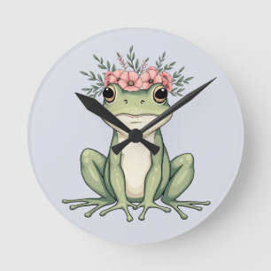 Whimsical Floral Frog Cottagecore Art Round Clock