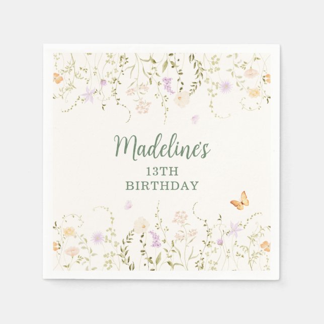 Whimsical Floral Garden Party Birthday Napkins (Front)