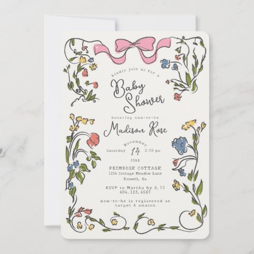 Whimsical Floral Girl Doodle Baby Shower Invite