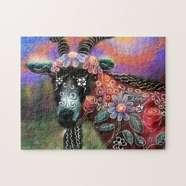 Whimsical Floral Goat Abstract Art Blue Peach Jigsaw Puzzle (Horizontal)
