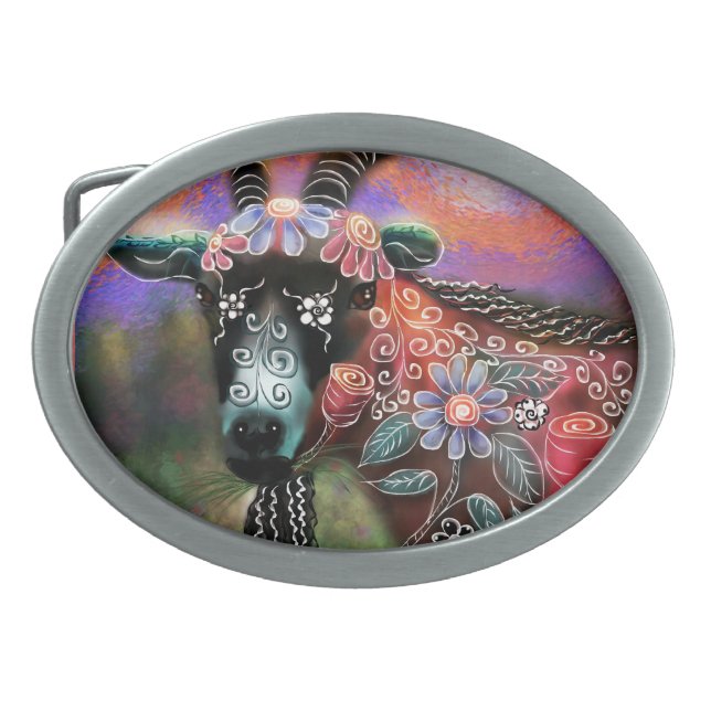 Whimsical Floral Goat Abstract Goats Peach Blue Belt Buckle (Front)