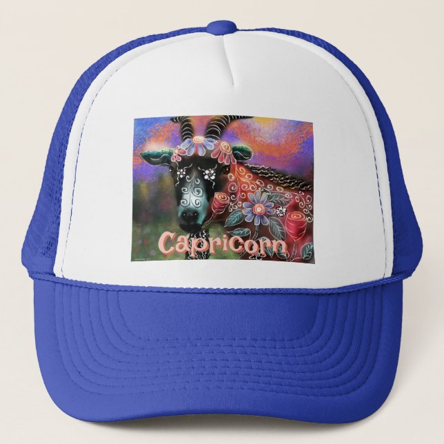 Whimsical Floral Goat Capricorn Personalized Trucker Hat (Front)