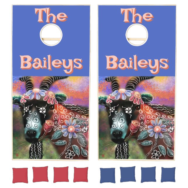 Whimsical Floral Goat Farm Animal Personalized Cornhole Set (Set)