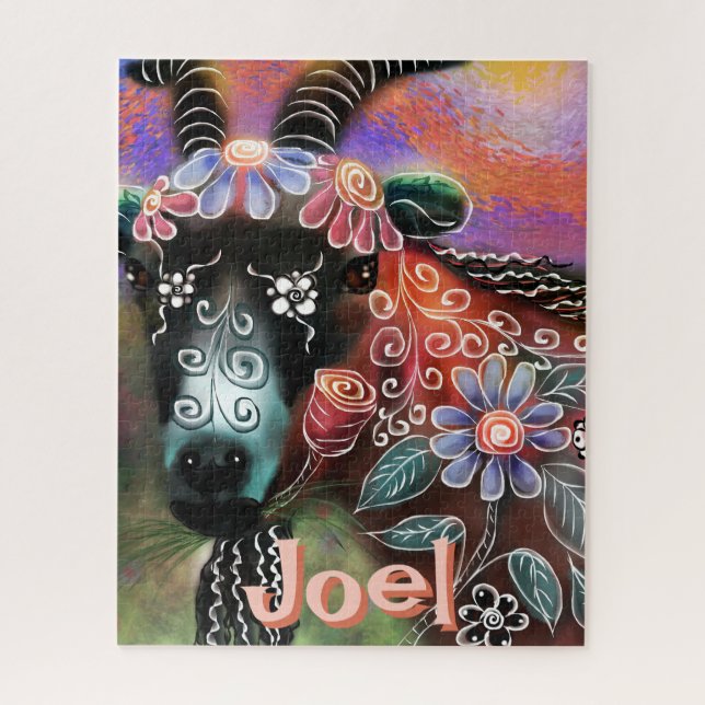 Whimsical Floral Goat Farm Animal Personalized Jigsaw Puzzle (Vertical)